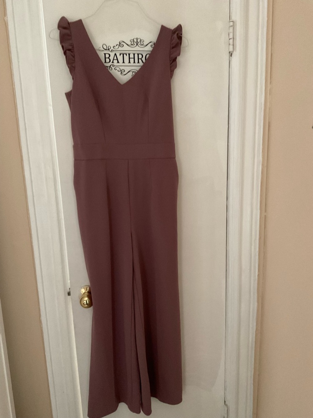 Mauve Ruffle Sleeve V-Neck Wide‑Leg Jumpsuit